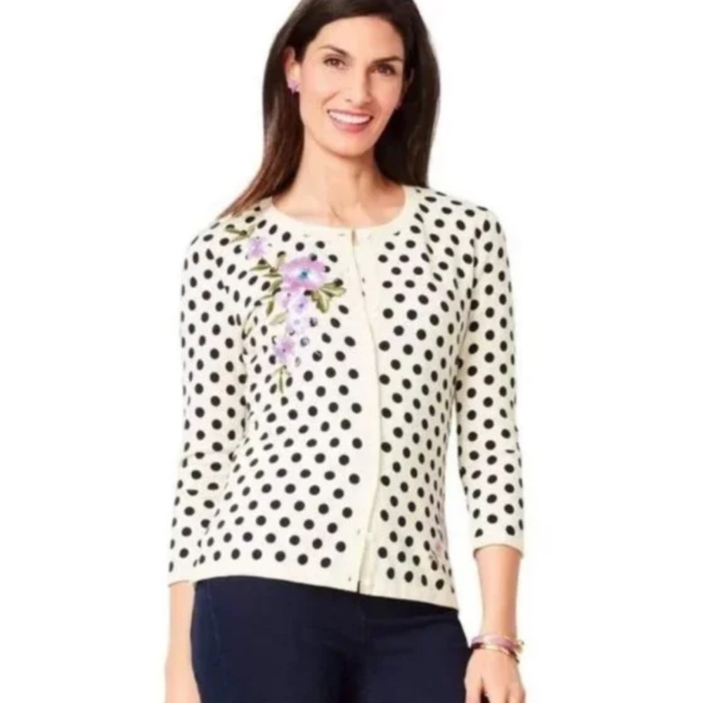 RSVP by Talbots Polka Dot Embroidered Floral Button Front Cardigan Size Large